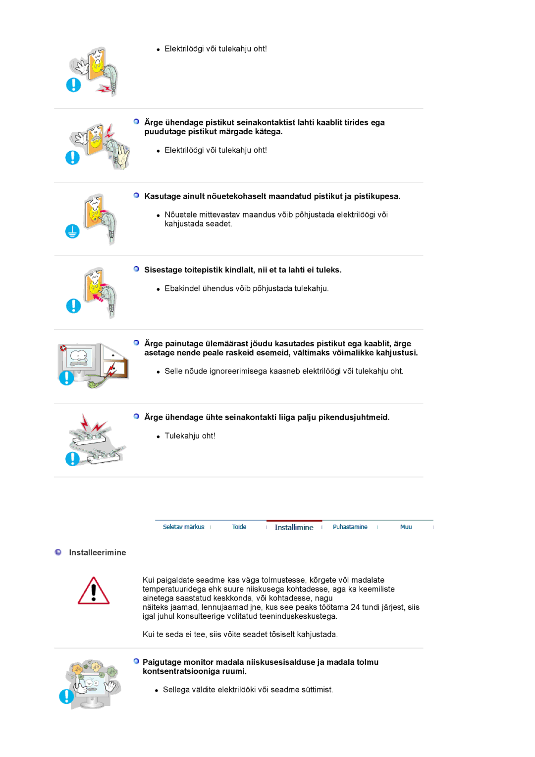 Samsung LS17MJSKSZ/EDC, LS17MJSKS/EDC manual Sisestage toitepistik kindlalt, nii et ta lahti ei tuleks, Installeerimine 