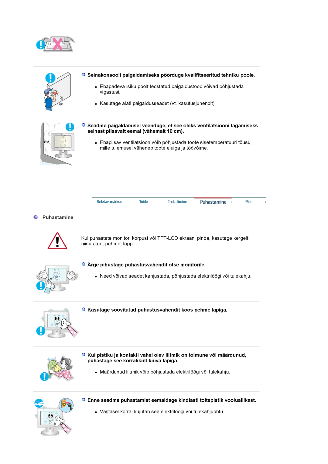 Samsung LS17MJSKSZ/EDC, LS17MJSKS/EDC manual Puhastamine, Ärge pihustage puhastusvahendit otse monitorile 