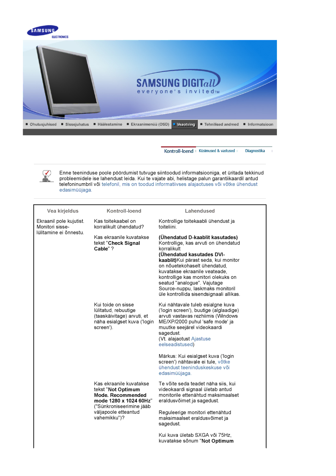 Samsung LS17MJSKSZ/EDC manual Tekst Check Signal, Cable ?, Tekst Not Optimum, Mode. Recommended, Mode 1280 x 1024 60Hz 