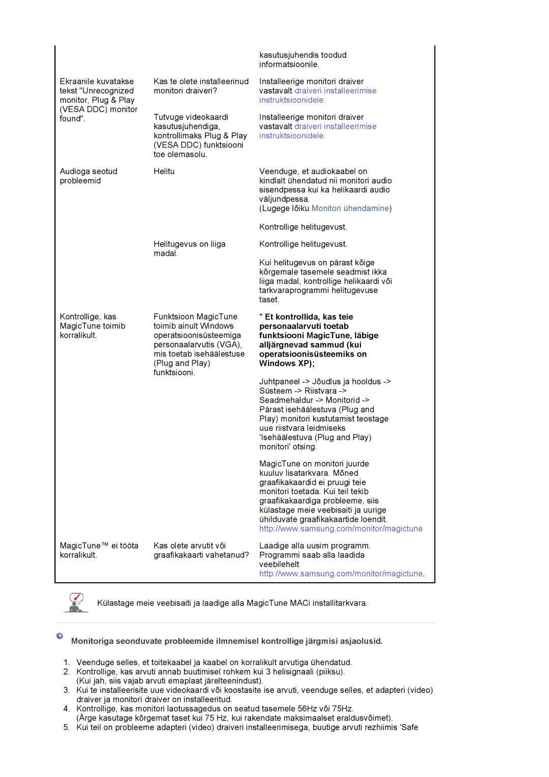 Samsung LS17MJSKSZ/EDC manual Et kontrollida, kas teie, Personaalarvuti toetab, Funktsiooni MagicTune, läbige, Windows XP 
