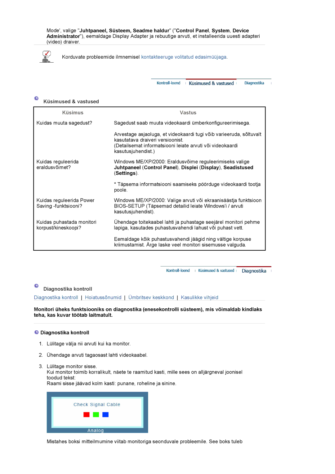 Samsung LS17MJSKS/EDC manual Küsimused & vastused, Juhtpaneel Control Panel , Displei Display , Seadistused, Settings 