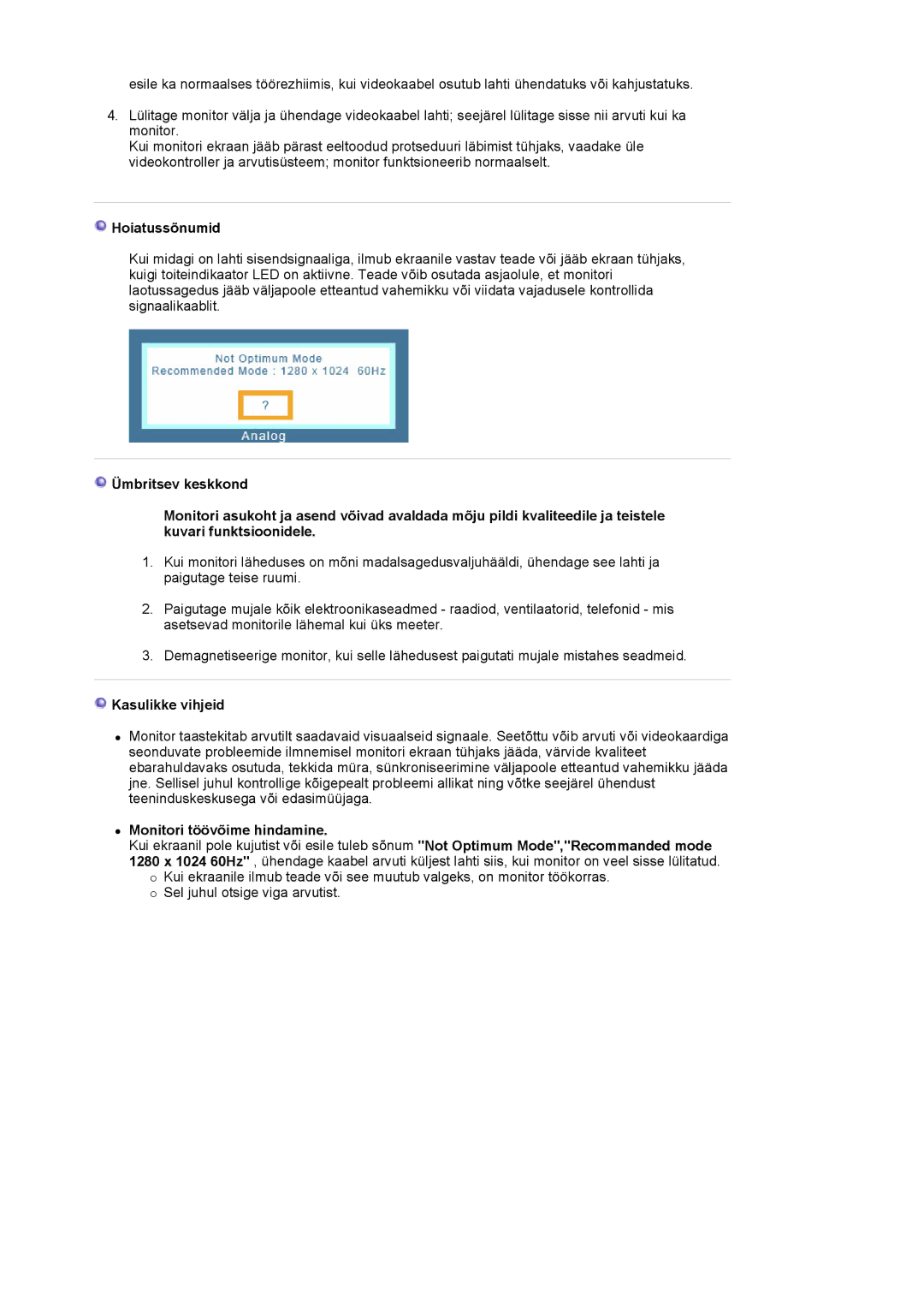 Samsung LS17MJSKSZ/EDC, LS17MJSKS/EDC manual Hoiatussõnumid, Kasulikke vihjeid, Monitori töövõime hindamine 