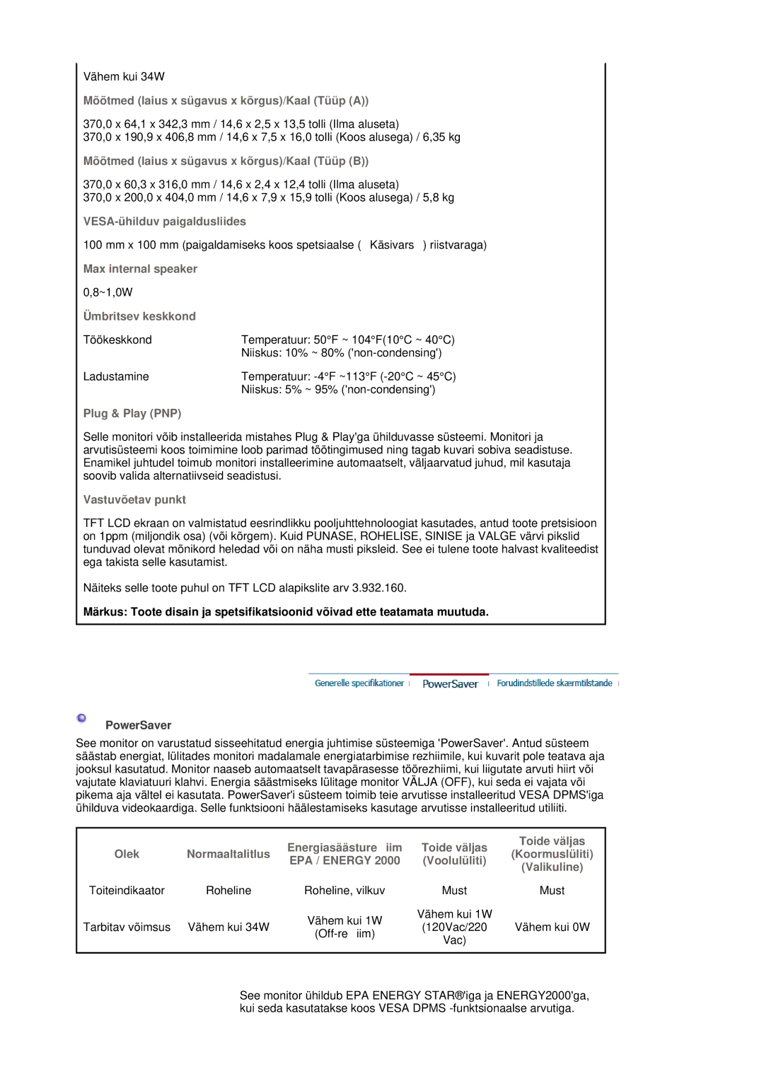 Samsung LS17MJSKSZ/EDC, LS17MJSKS/EDC manual Mõõtmed laius x sügavus x kõrgus/Kaal Tüüp a, PowerSaver 