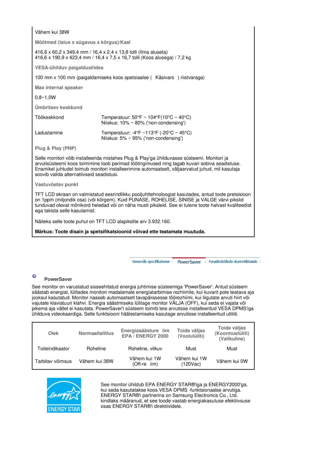 Samsung LS17MJSKSZ/EDC, LS17MJSKS/EDC manual Mõõtmed laius x sügavus x kõrgus/Kaal 