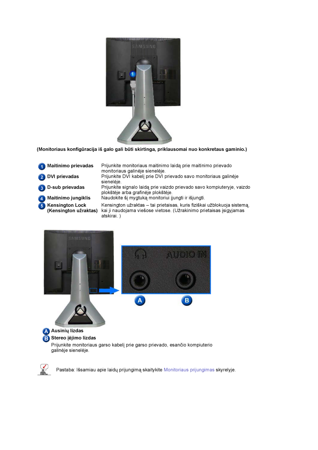 Samsung LS17MJSKS/EDC, LS17MJSKSZ/EDC manual Ausiniǐ lizdas Stereo Ƴơjimo lizdas 