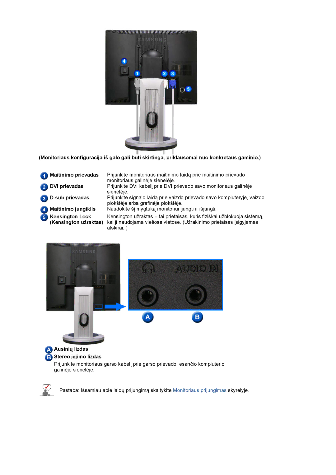 Samsung LS17MJSKSZ/EDC, LS17MJSKS/EDC manual Ausiniǐ lizdas Stereo Ƴơjimo lizdas 