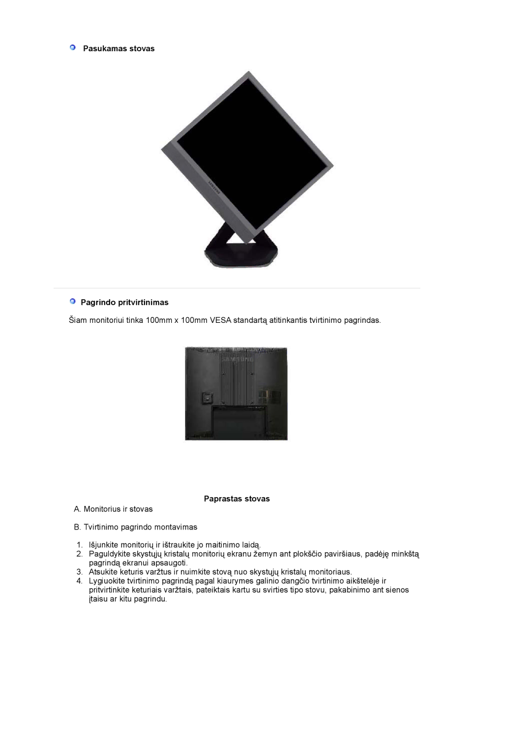 Samsung LS17MJSKSZ/EDC, LS17MJSKS/EDC manual Pasukamas stovas Pagrindo pritvirtinimas, Paprastas stovas 