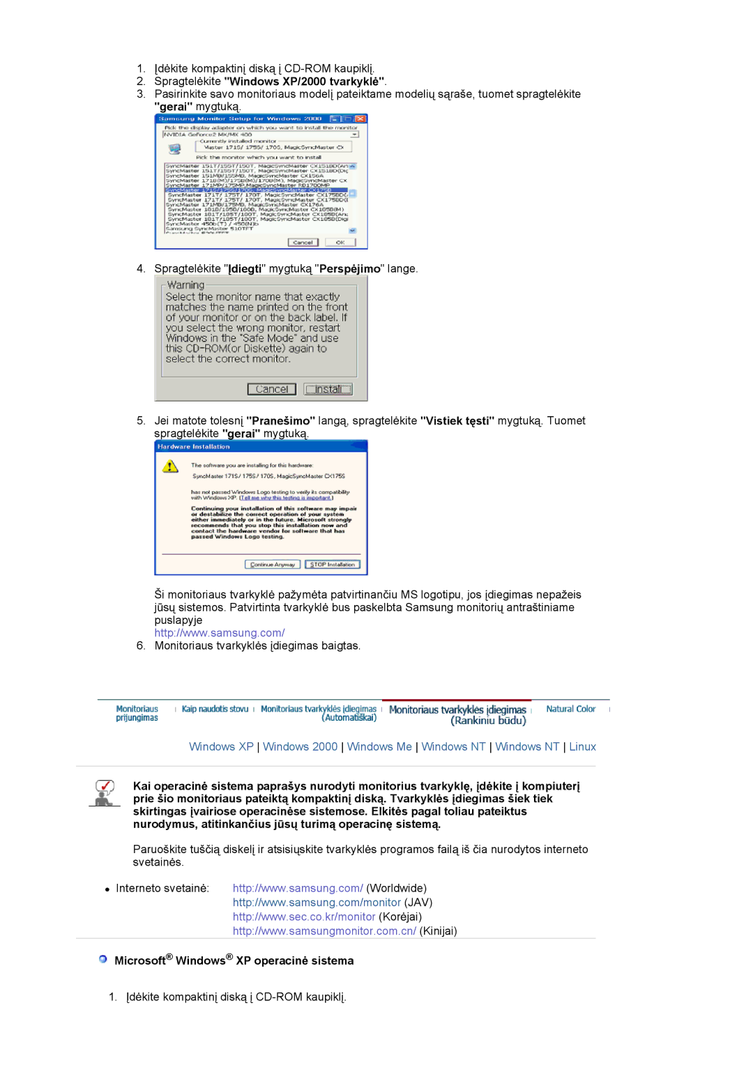 Samsung LS17MJSKS/EDC, LS17MJSKSZ/EDC manual Spragtelơkite Windows XP/2000 tvarkyklơ, Microsoft Windows XP operacinơ sistema 