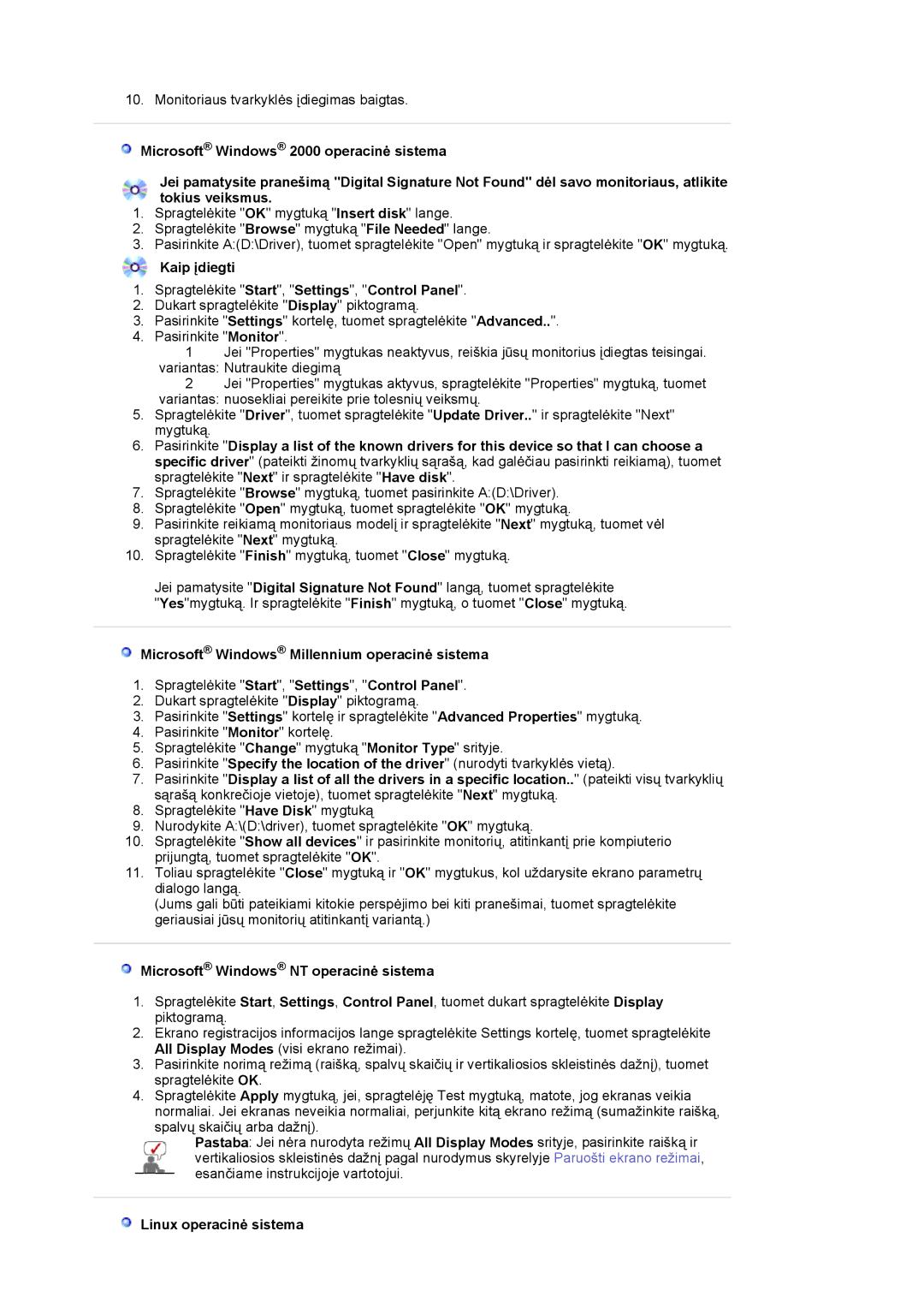 Samsung LS17MJSKSZ/EDC Kaip Ƴdiegti Spragtelơkite Start, Settings, Control Panel, Microsoft Windows NT operacinơ sistema 