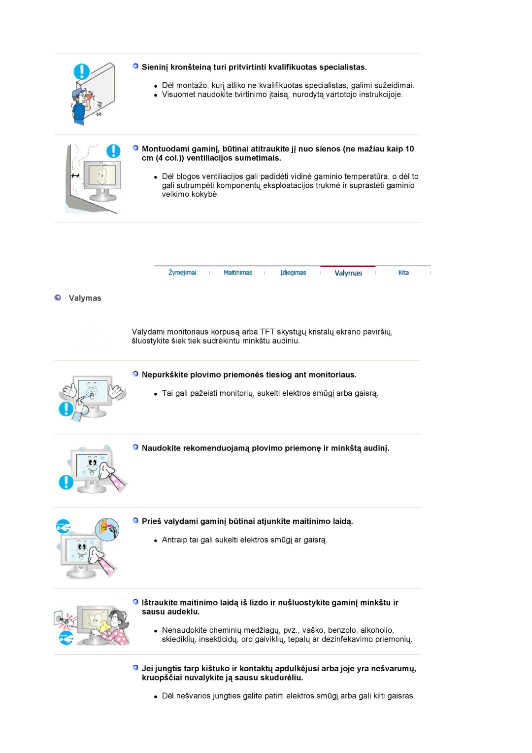 Samsung LS17MJSKSZ/EDC, LS17MJSKS/EDC manual Valymas, Nepurkškite plovimo priemonơs tiesiog ant monitoriaus 