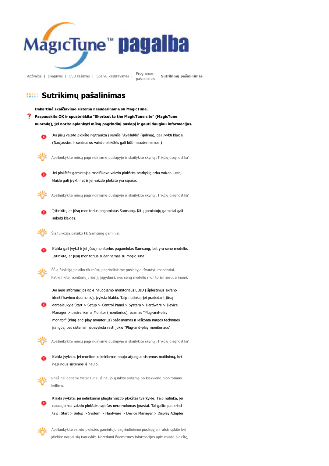 Samsung LS17MJSKS/EDC, LS17MJSKSZ/EDC manual Sutrikimų pašalinimas 