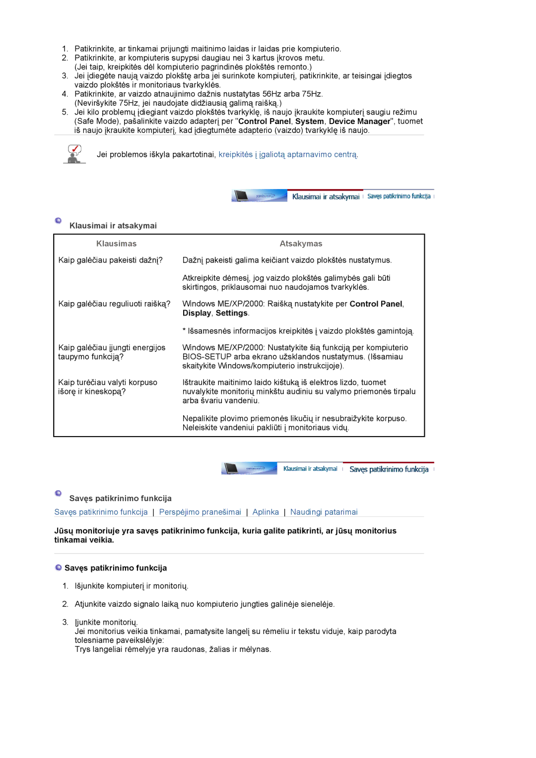 Samsung LS17MJSKSZ/EDC, LS17MJSKS/EDC manual Klausimai ir atsakymai, SavĊs patikrinimo funkcija 