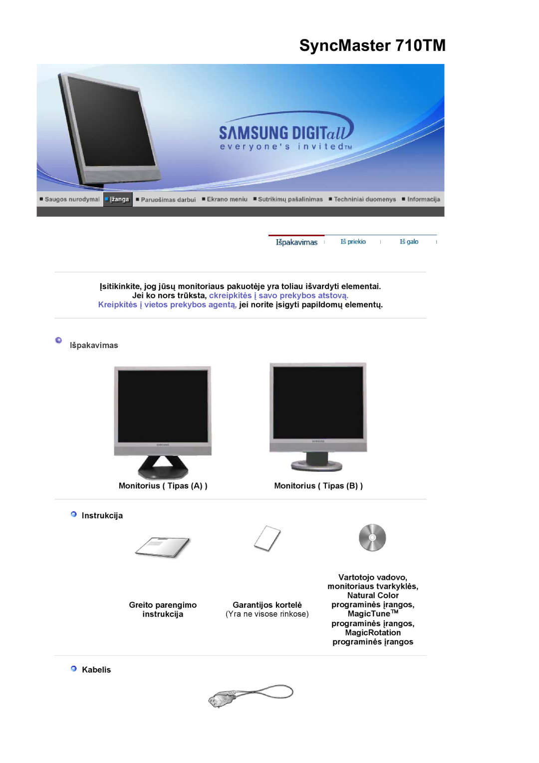 Samsung LS17MJSKSZ/EDC, LS17MJSKS/EDC manual Išpakavimas 