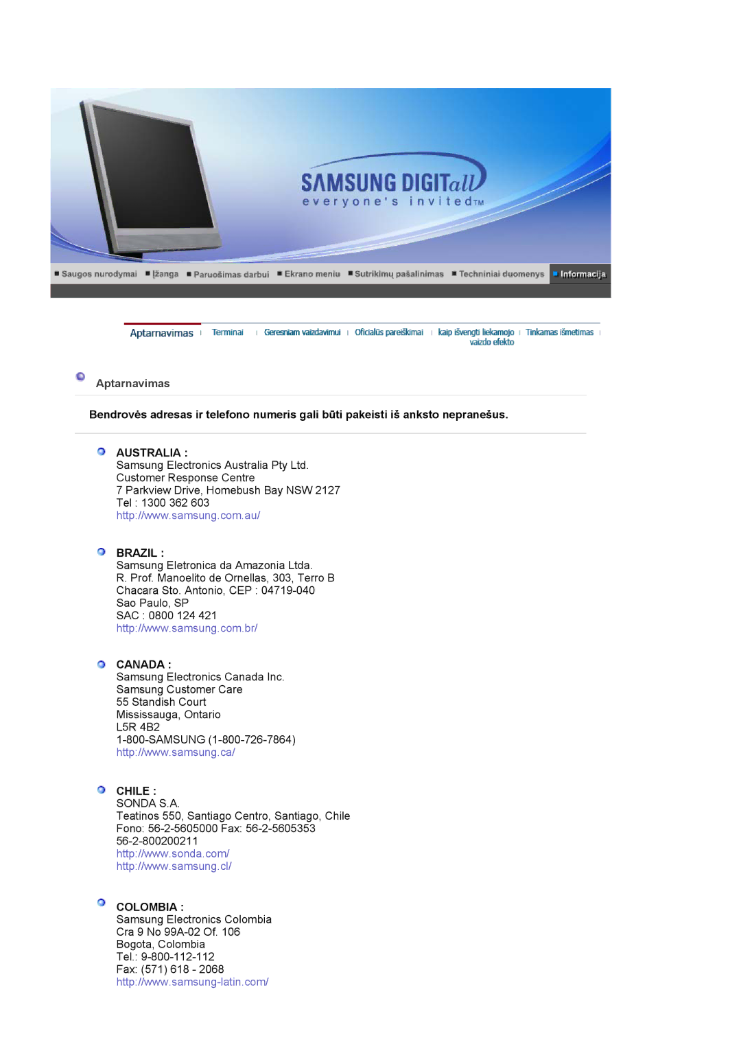 Samsung LS17MJSKSZ/EDC, LS17MJSKS/EDC manual Aptarnavimas, Australia Brazil 