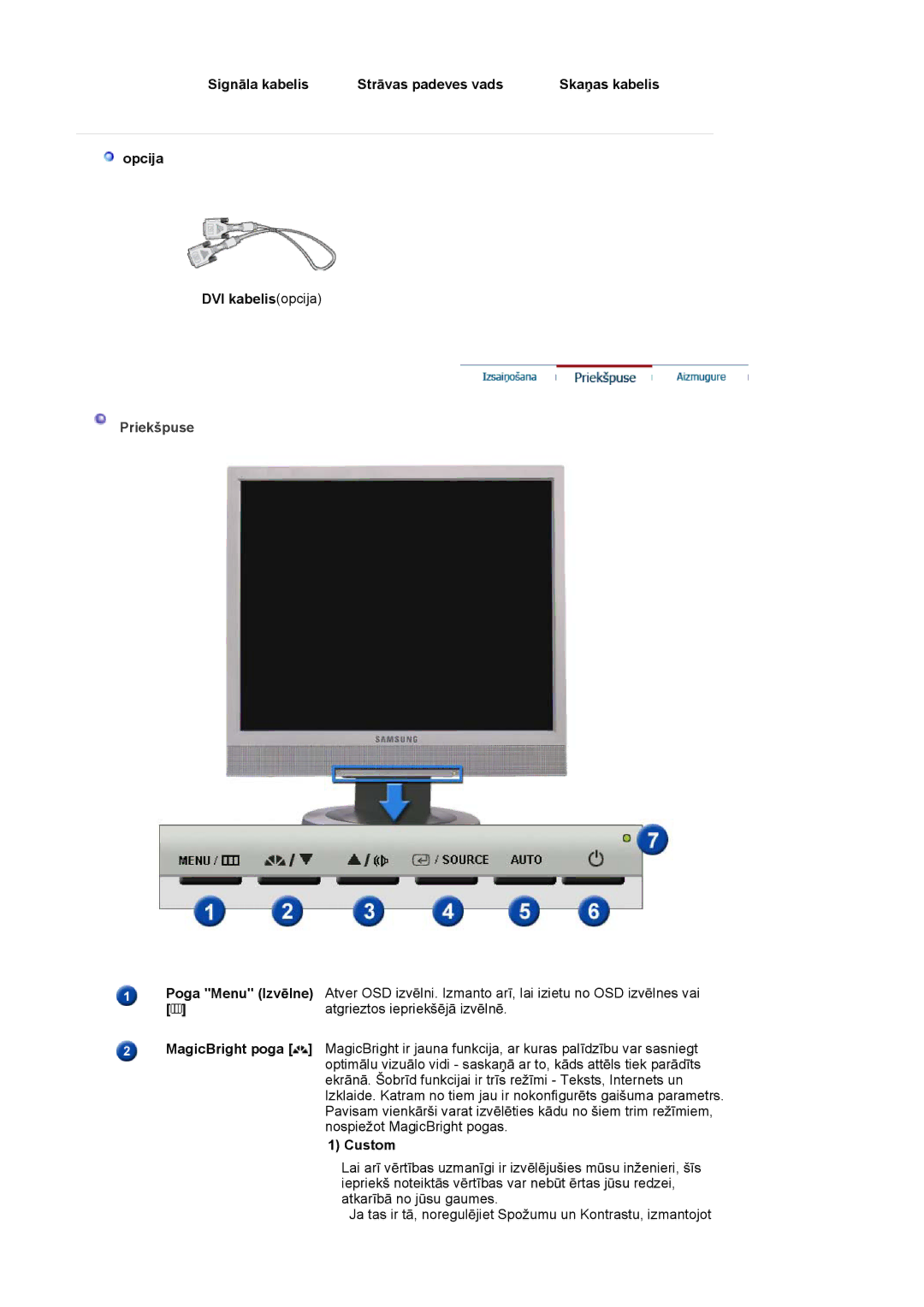 Samsung LS17MJSKSZ/EDC, LS17MJSKS/EDC manual SignƗla kabelis StrƗvas padeves vads, Opcija DVI kabelisopcija 