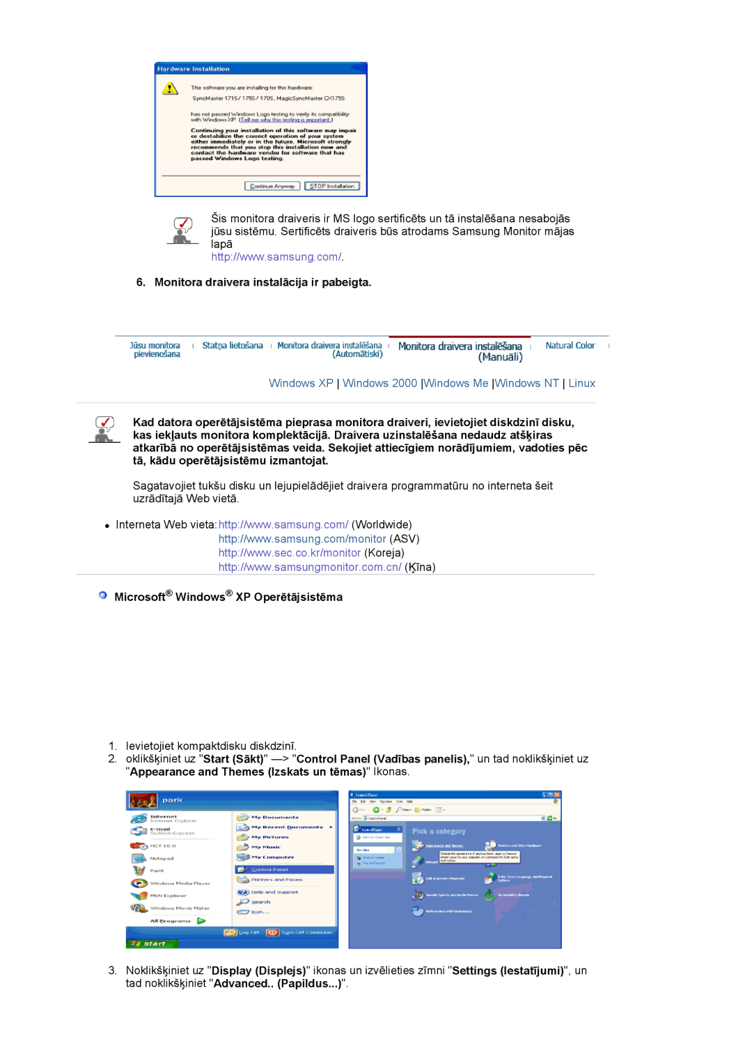 Samsung LS17MJSKSZ/EDC, LS17MJSKS/EDC manual Monitora draivera instalƗcija ir pabeigta, Microsoft Windows XP OperƝtƗjsistƝma 