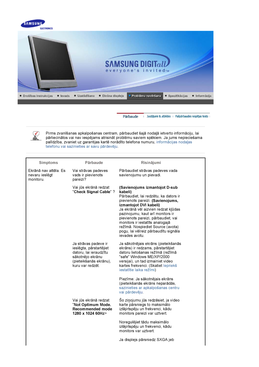 Samsung LS17MJSKSZ/EDC manual Simptoms, PƗrbaude RisinƗjumi, Savienojums izmantojot D-sub, Check Signal Cable ? kabeli 