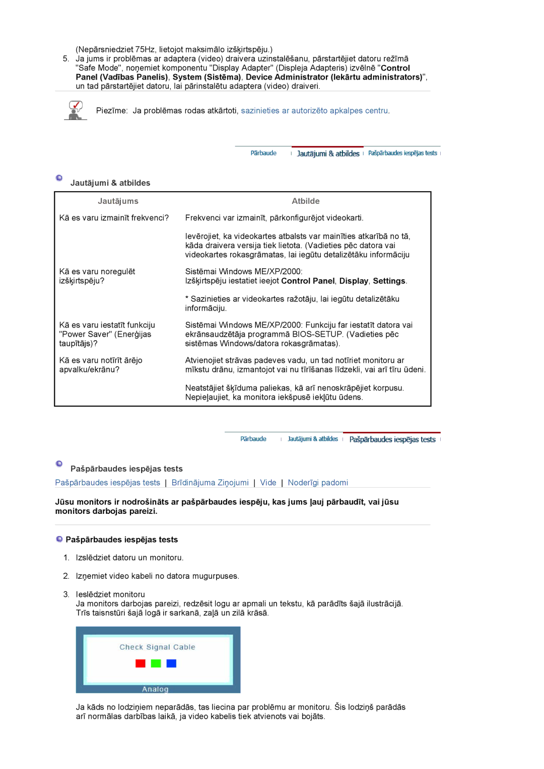 Samsung LS17MJSKS/EDC, LS17MJSKSZ/EDC manual JautƗjumi & atbildes, JautƗjums, Atbilde, PašpƗrbaudes iespƝjas tests 