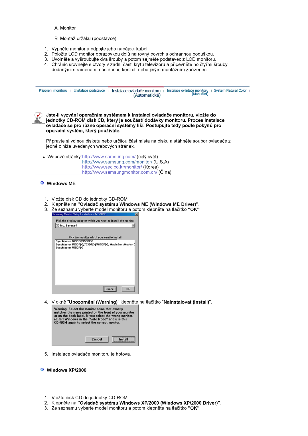 Samsung LS17MJSKSZ/EDC, LS17MJSTSE/EDC manual KlepnČte na Ovladaþ systému Windows ME Windows ME Driver, Windows XP/2000 