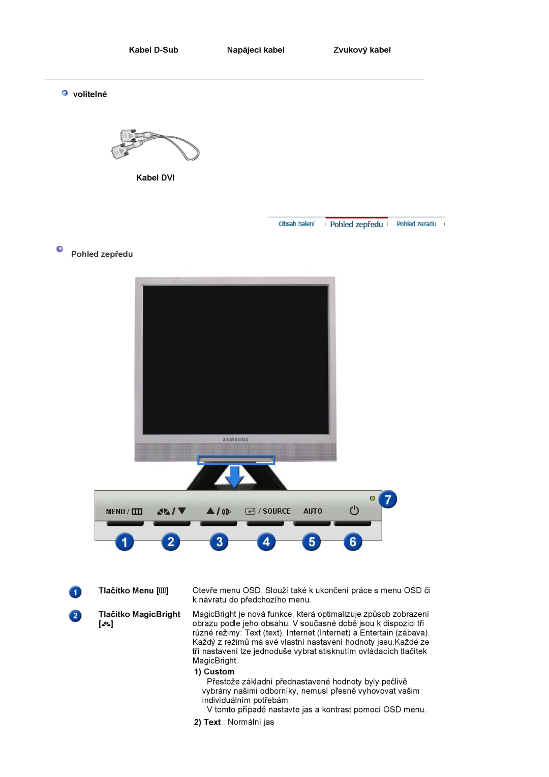 Samsung LS19MJSTS7/EDC manual Kabel D-Sub, Napájecí kabel, Zvukový kabel, volitelné Kabel DVI, Pohled zepĜedu, Custom 