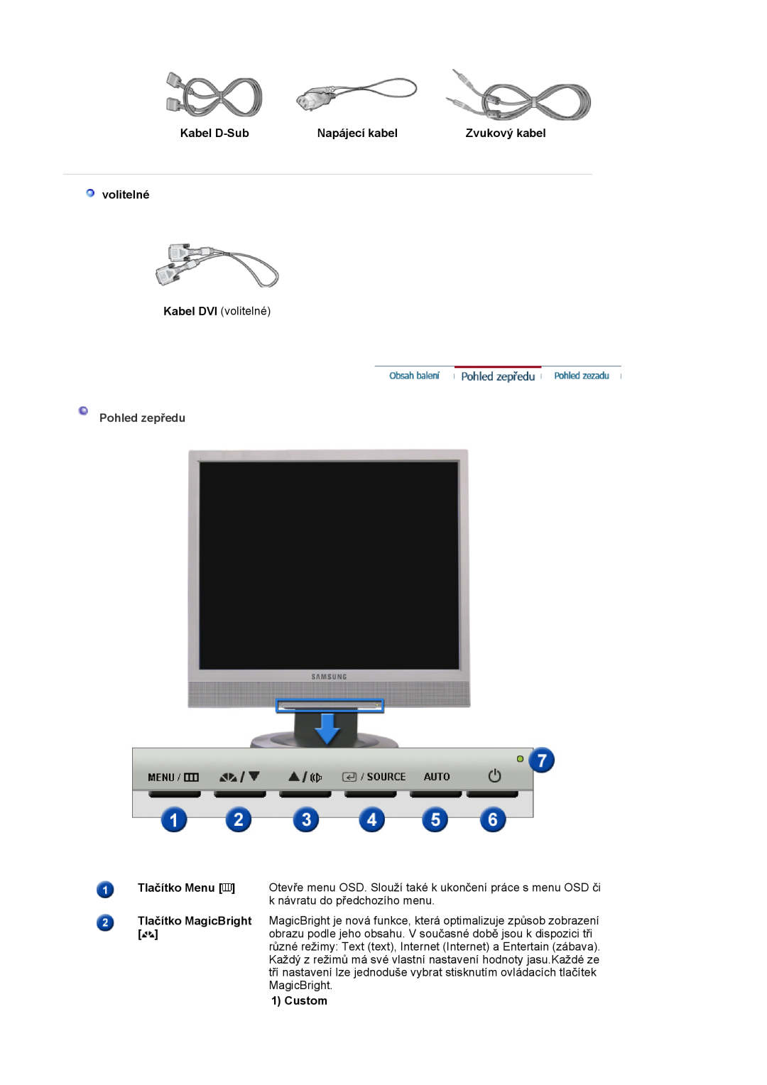 Samsung LS19MJSTS7/EDC, LS17MJSTSE/EDC manual volitelné, Kabel D-Sub, Napájecí kabel, Zvukový kabel, Pohled zepĜedu, Custom 