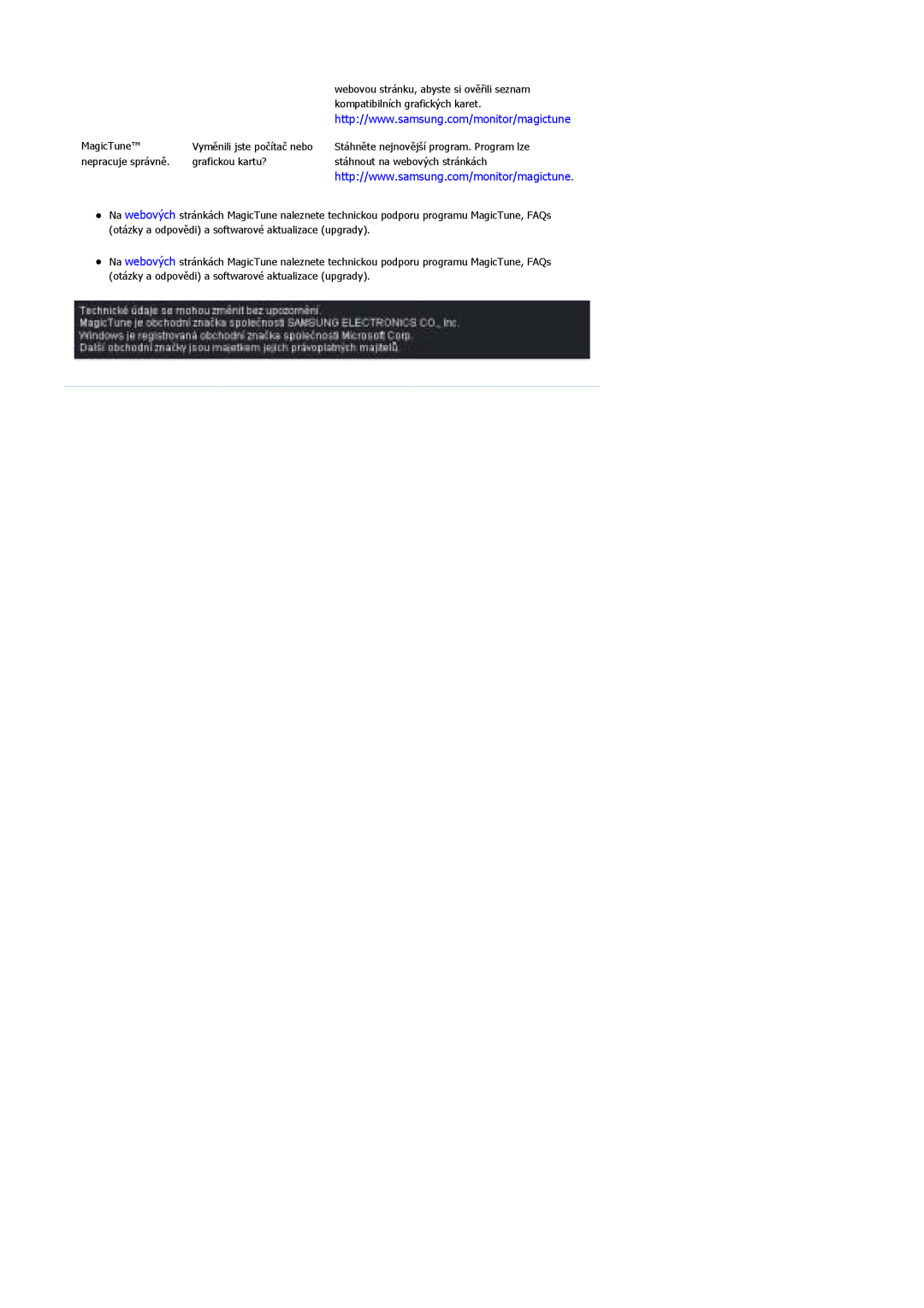 Samsung LS17MJSTSE/EDC manual webovou stránku, abyste si ověřili seznam, kompatibilních grafických karet, MagicTune 