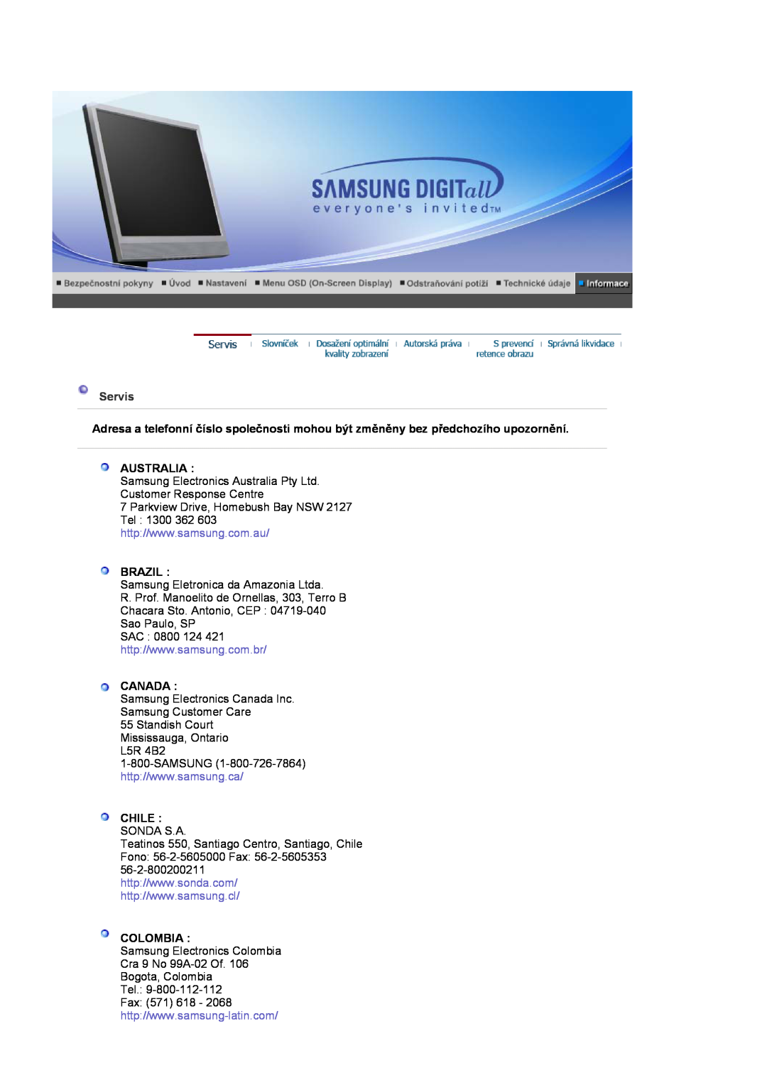 Samsung LS17MJSTSE/EDC, LS19MJSTS7/EDC, LS17MJSKSZ/EDC manual Servis, Australia, Brazil, Canada, Chile Sonda S.A, Colombia 
