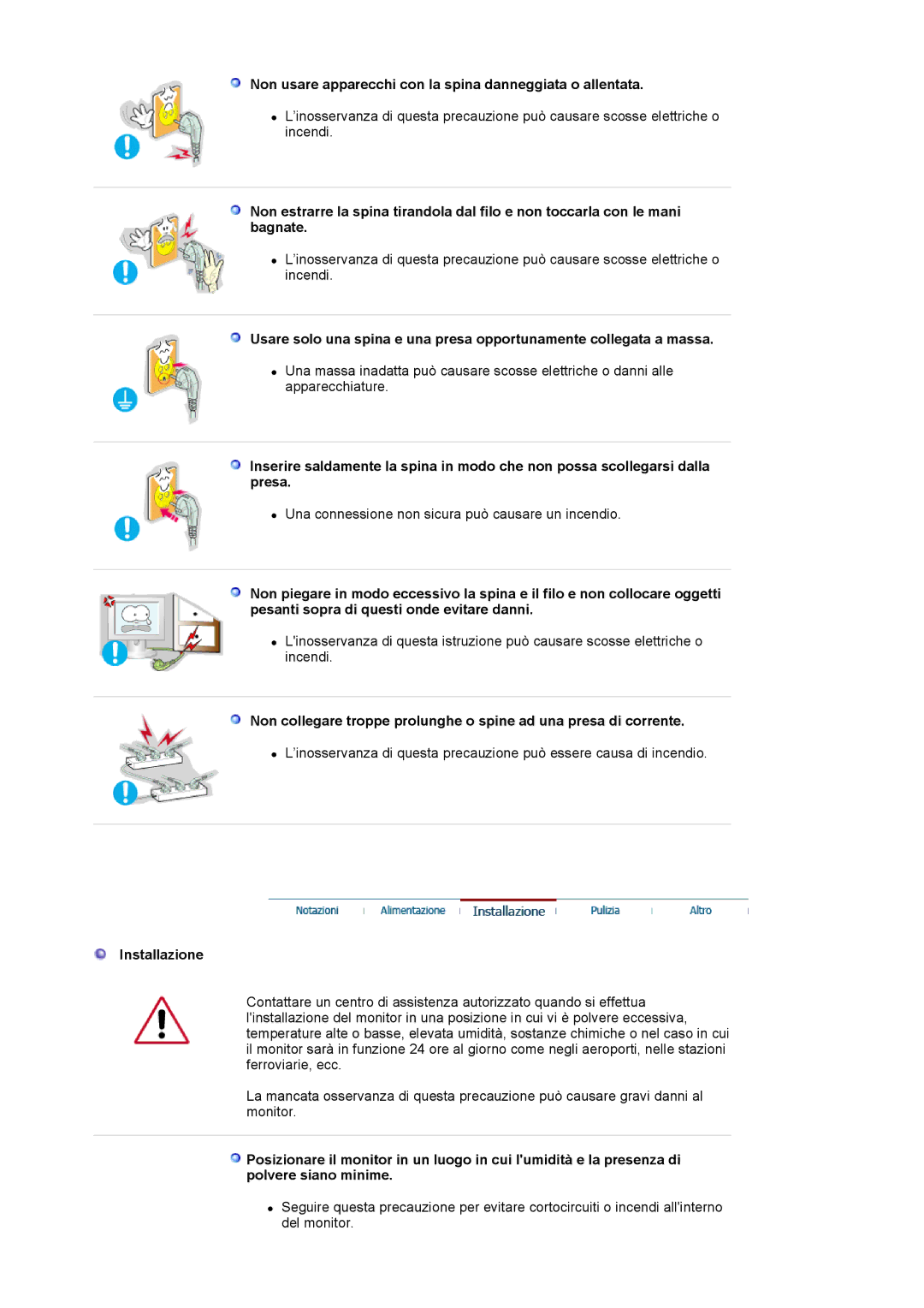 Samsung LS19MJSTSQ/EDC, LS17MJSTSE/EDC manual Non usare apparecchi con la spina danneggiata o allentata, Installazione 