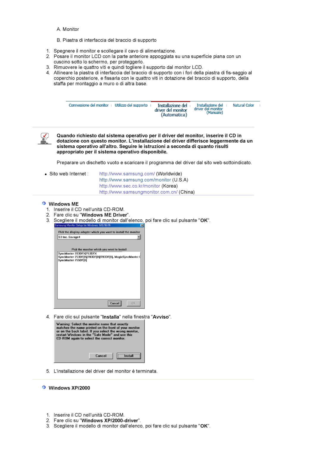 Samsung LS19MJSTSH/EDC, LS17MJSTSE/EDC manual Fare clic su Windows ME Driver, Fare clic su Windows XP/2000-driver 