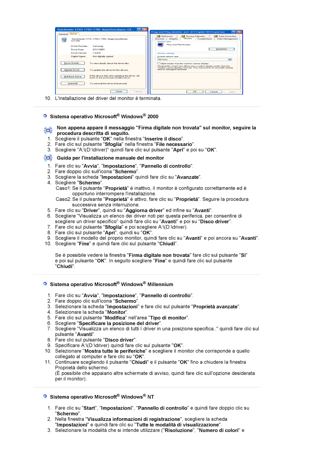 Samsung LS17MJSKSZ/EDC manual Scegliere Specificare la posizione del driver, Sistema operativo Microsoft Windows NT 