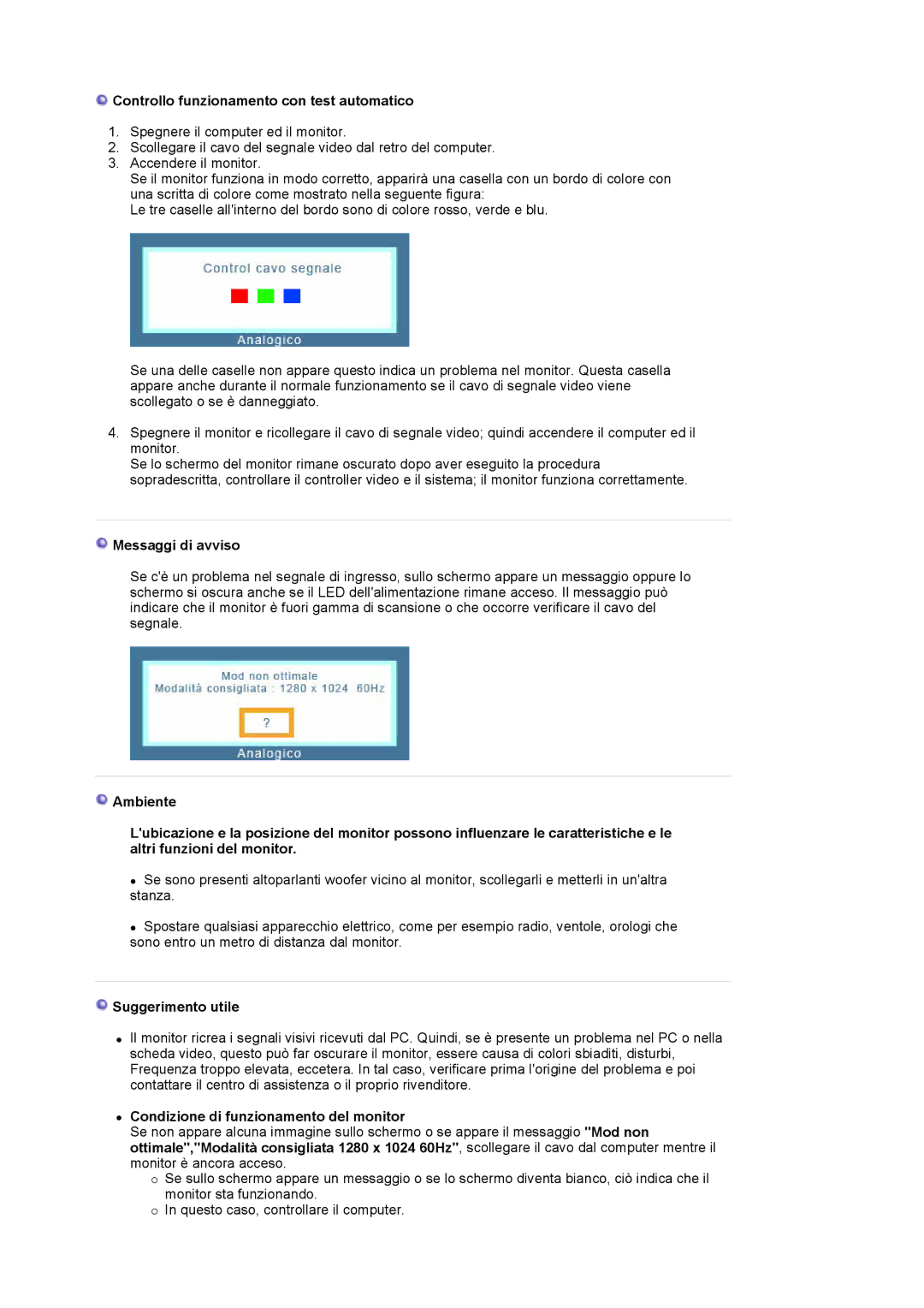 Samsung LS19MJSTS7/EDC, LS17MJSTSE/EDC Controllo funzionamento con test automatico, Messaggi di avviso, Suggerimento utile 