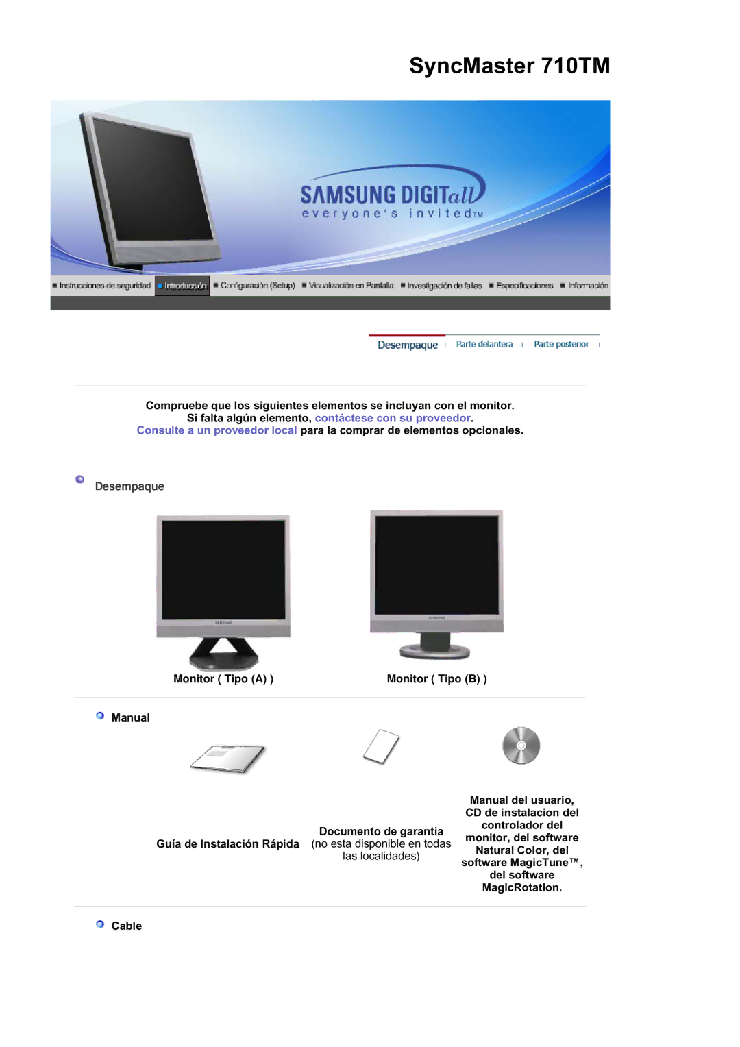 Samsung LS17MJSTSV/EDC, LS17MJSTSE/EDC manual Desempaque, Natural Color, del, Software MagicTune, MagicRotation, Cable 