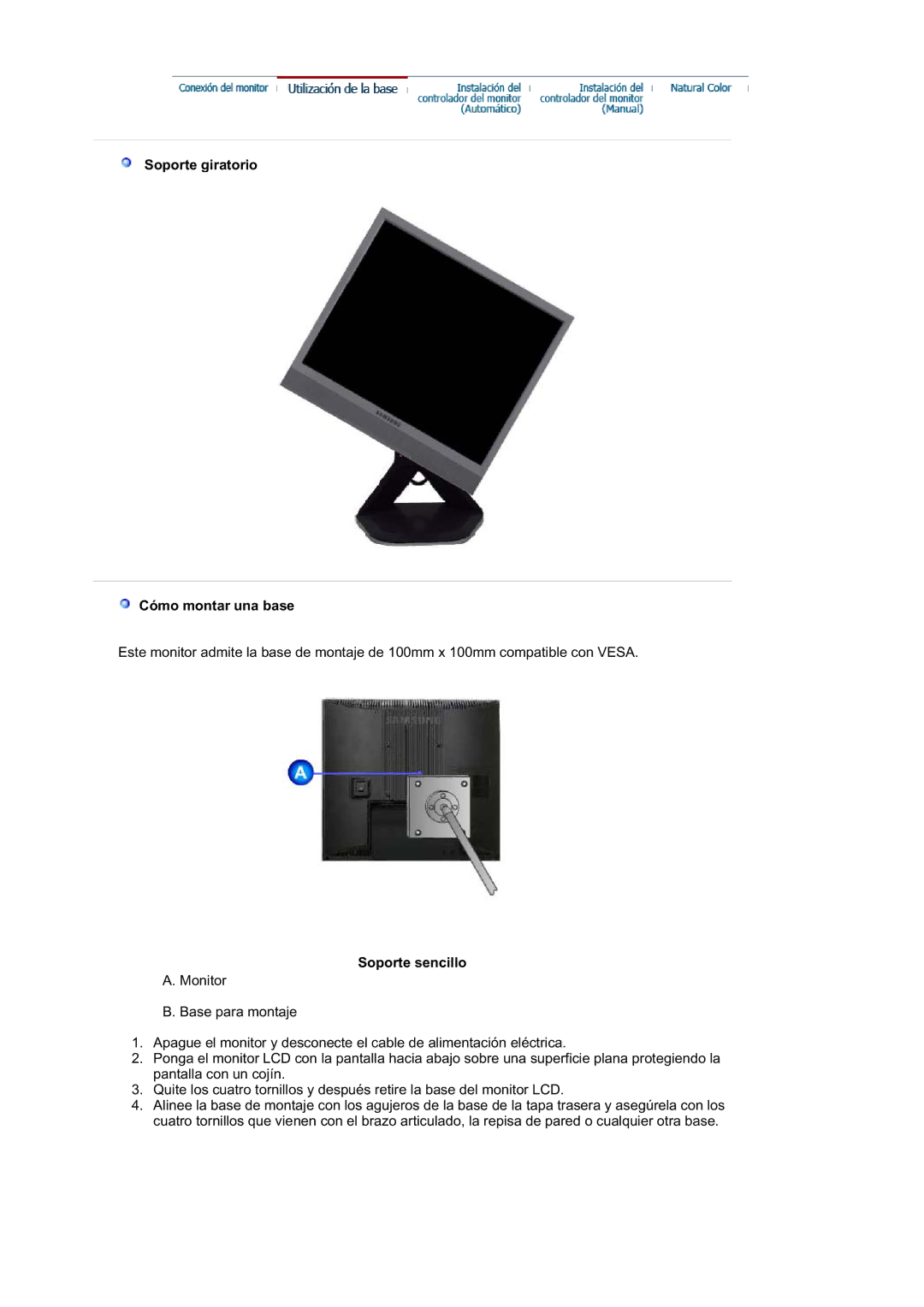 Samsung LS17MJSTSE/EDC, LS19MJSTS7/EDC, LS19MJSTSQ/EDC manual Soporte giratorio Cómo montar una base, Soporte sencillo 