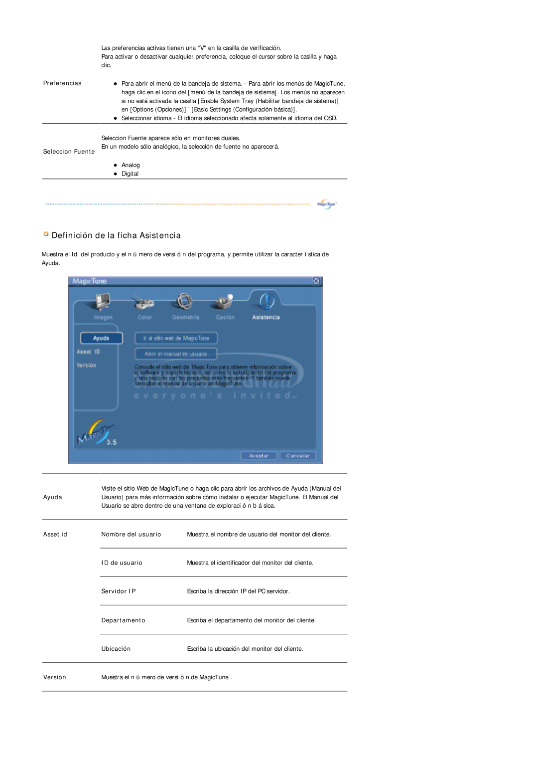 Samsung LS19MJSTS7/EDC, LS17MJSTSE/EDC, LS19MJSTSQ/EDC, LS17MJSKS/EDC, LS17MJSTSV/EDC manual Definición de la ficha Asistencia 