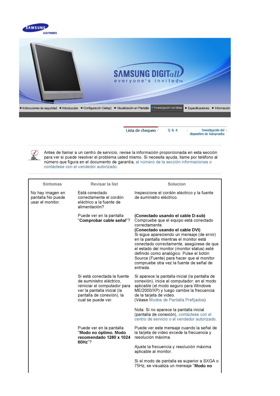 Samsung LS19MJSTSQ/EDC Síntomas, Revisar la list Solucíon, Conectado usando el cable D-sub, Conectado usando el cable DVI 