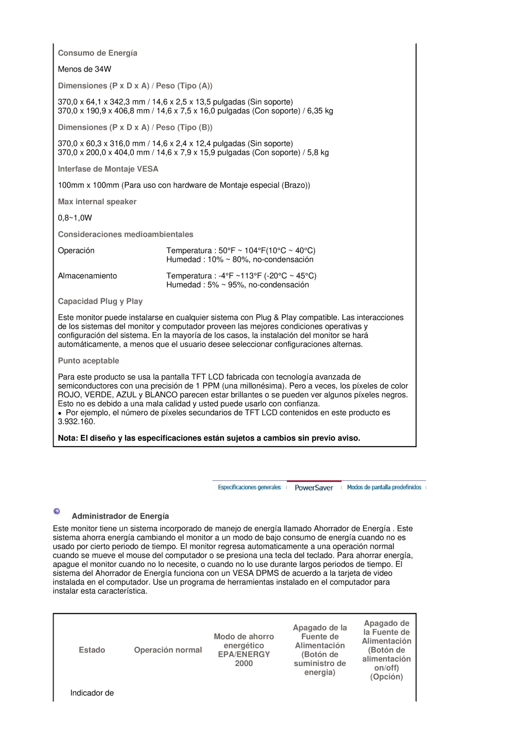 Samsung LS19MJSTSQ/EDC manual Consumo de Energía, Dimensiones P x D x a / Peso Tipo a, Dimensiones P x D x a / Peso Tipo B 