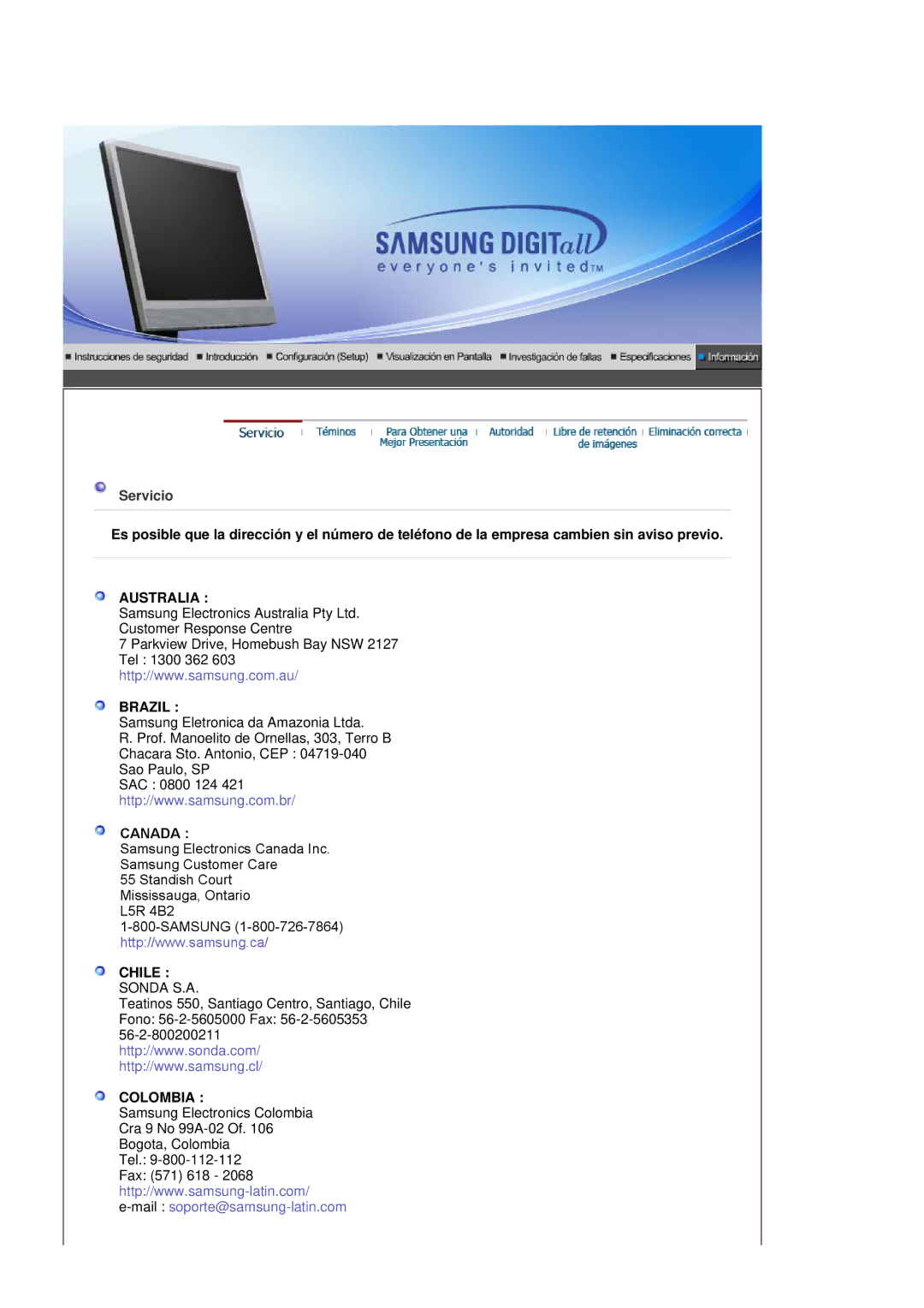 Samsung LS17MJSKSZ/EDC, LS17MJSTSE/EDC, LS19MJSTS7/EDC, LS19MJSTSQ/EDC, LS17MJSKS/EDC manual Servicio, Australia Brazil 