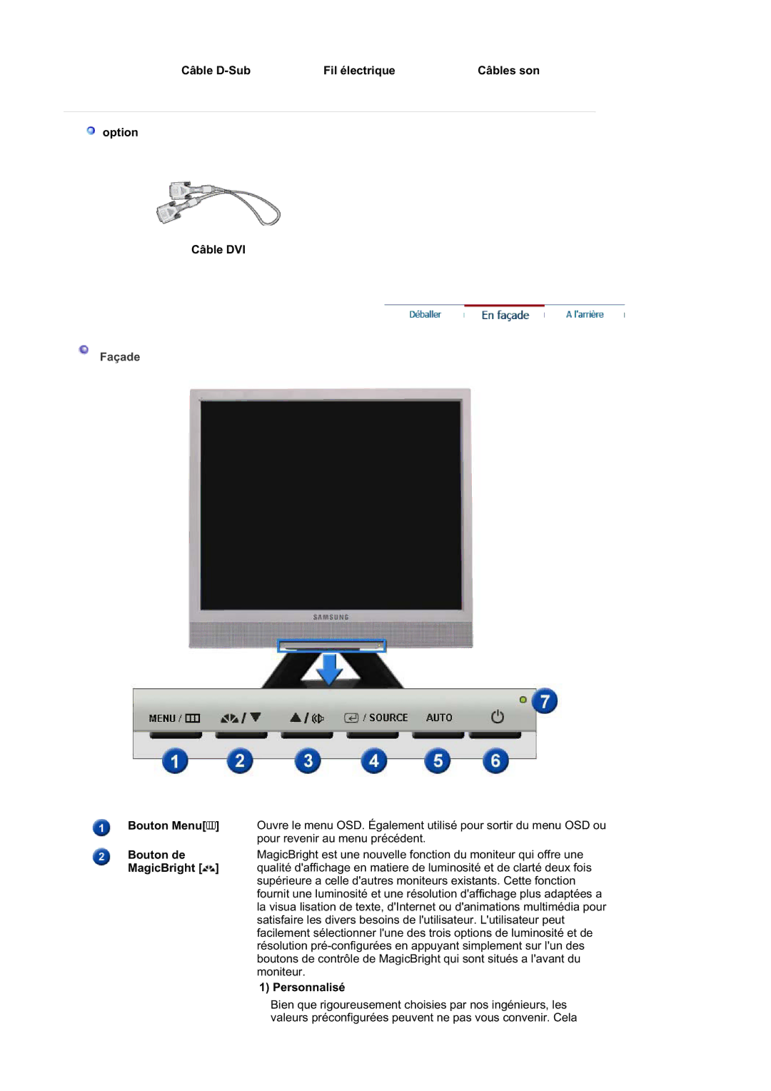 Samsung LS19MJSTS7/EDC manual Câble D-Sub Fil électrique Câbles son Option Câble DVI, Bouton Menu, Bouton de, MagicBright 