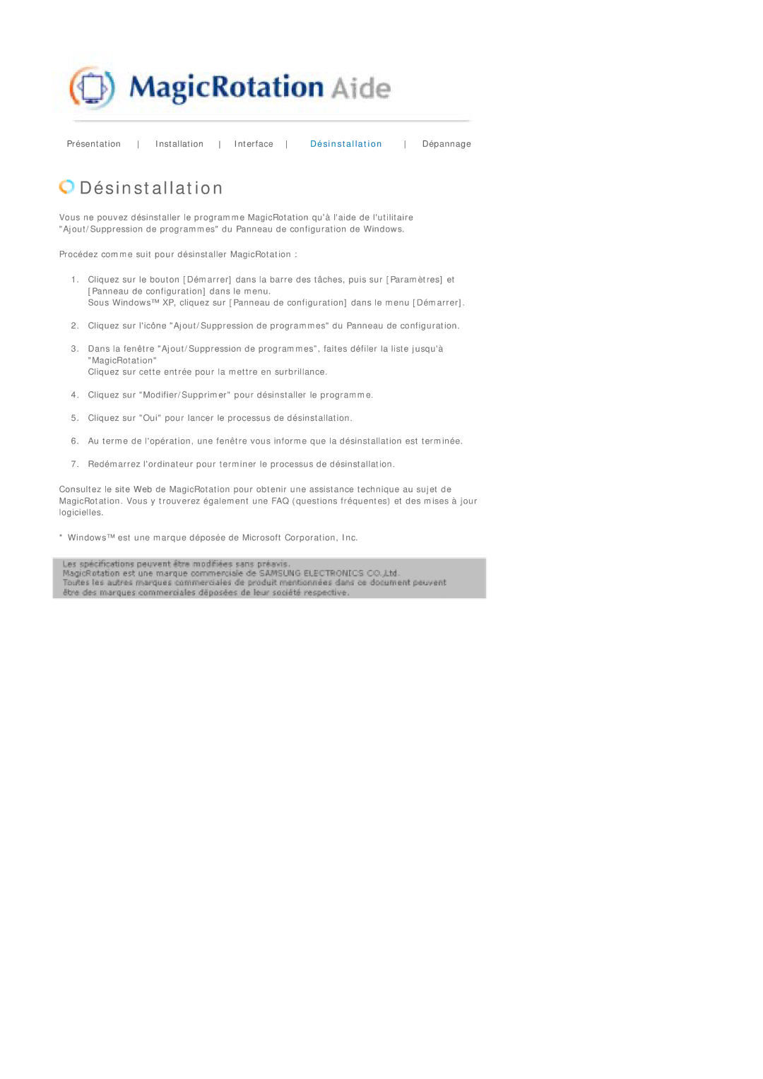 Samsung LS17MJSTSE/EDC, LS19MJSTS7/EDC, MJ19MSTSQ/EDC, MJ17MSTSQ/EDC, LS19MJSTSH/EDC, LS19MJSTSQ/EDC manual Désinstallation 