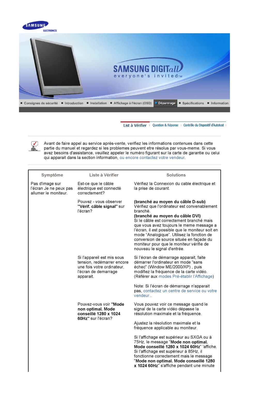 Samsung MJ19MSTSQ/EDC, LS17MJSTSE/EDC, LS19MJSTS7/EDC, MJ17MSTSQ/EDC, LS19MJSTSH/EDC manual Symptôme Liste à Vérifier Solutions 