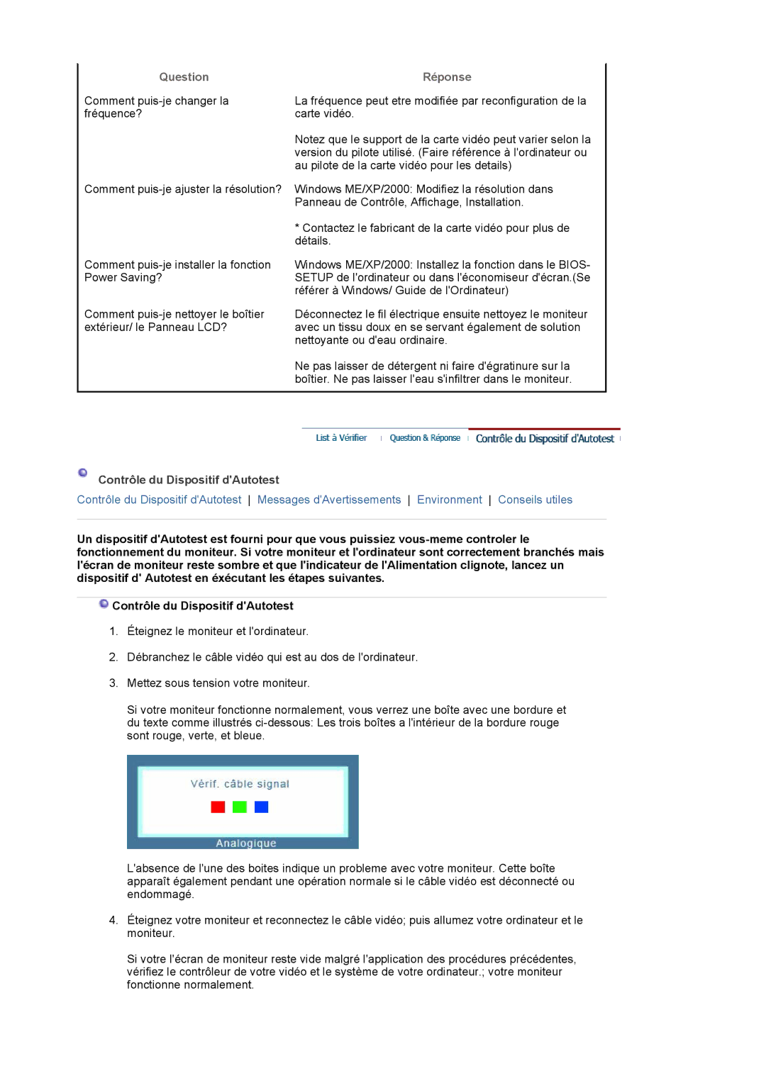 Samsung LS19MJSTSQ/EDC, LS17MJSTSE/EDC, LS19MJSTS7/EDC, MJ19MSTSQ/EDC Question Réponse, Contrôle du Dispositif dAutotest 