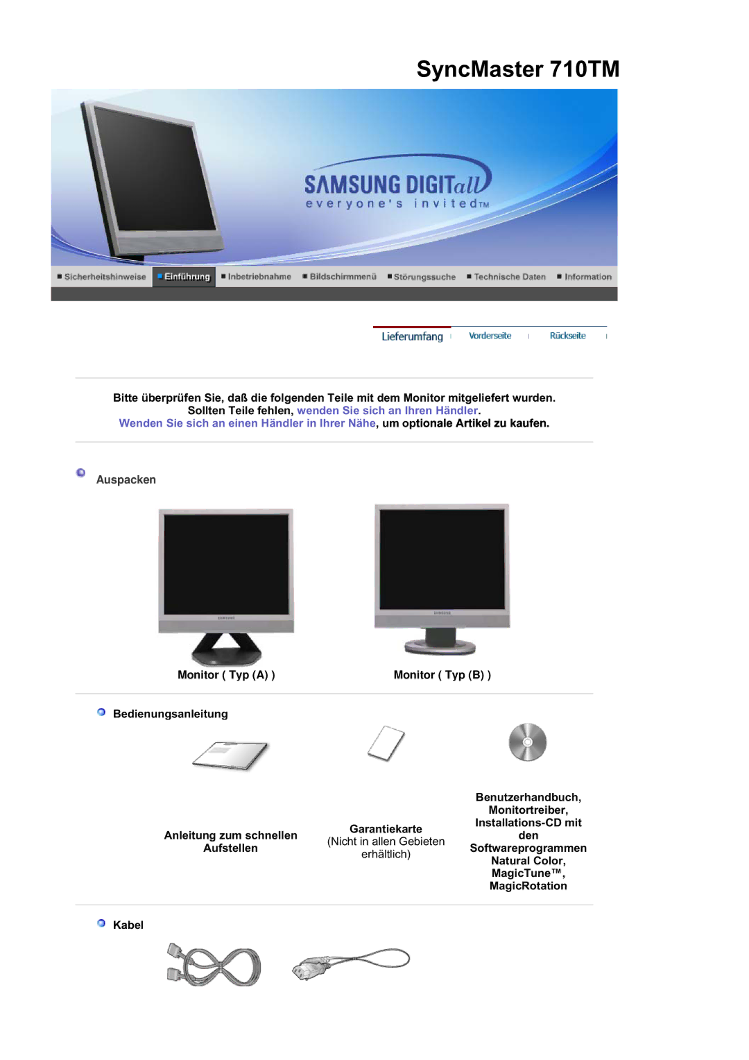 Samsung MJ19MSTSQ/EDC manual Installations-CD mit, Anleitung zum schnellen Den, Aufstellen, Natural Color, MagicTune, Kabel 