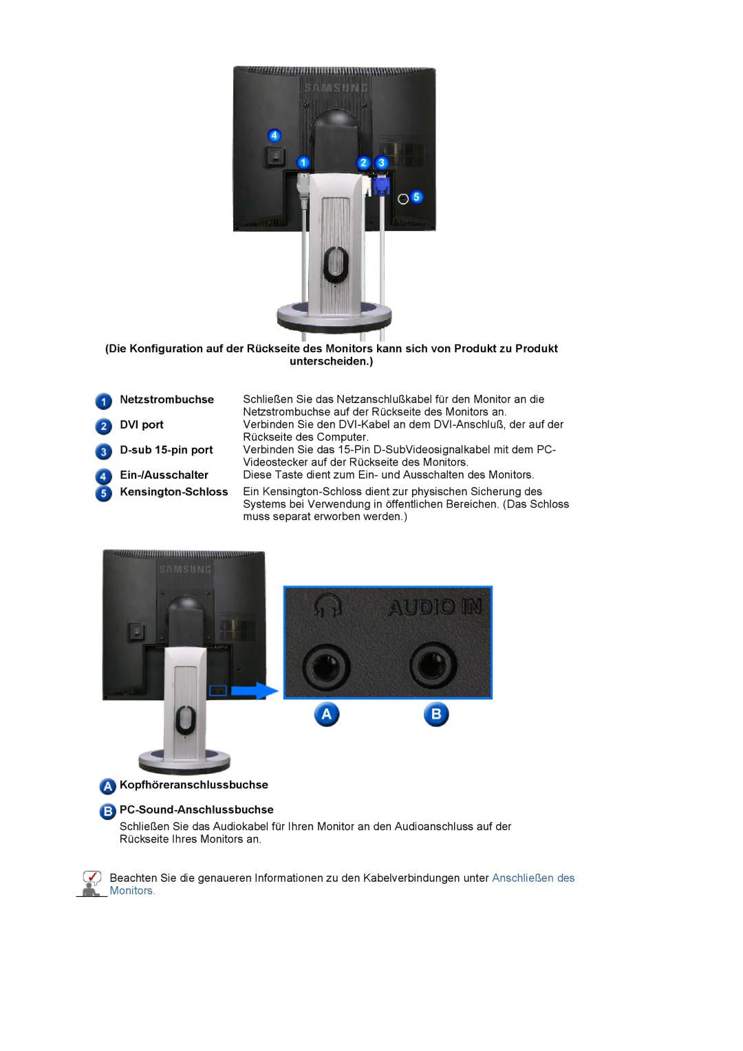 Samsung LS17MJSKS/EDC, LS17MJSTSE/EDC, LS19MJSTS7/EDC, MJ19MSTSQ/EDC manual Kopfhöreranschlussbuchse PC-Sound-Anschlussbuchse 