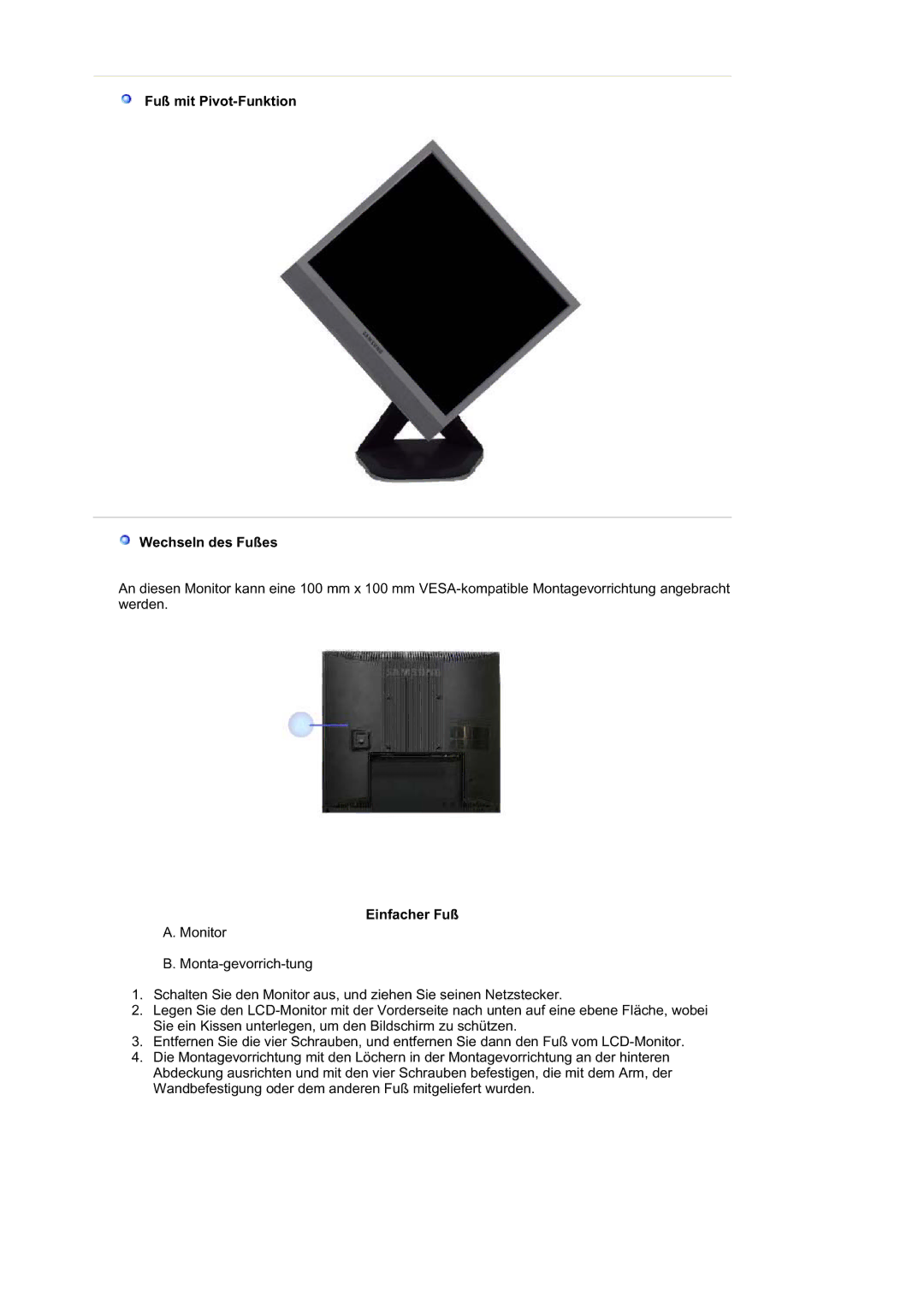 Samsung LS17MJSTSE/EDC, LS19MJSTS7/EDC, MJ19MSTSQ/EDC manual Fuß mit Pivot-Funktion Wechseln des Fußes, Einfacher Fuß 