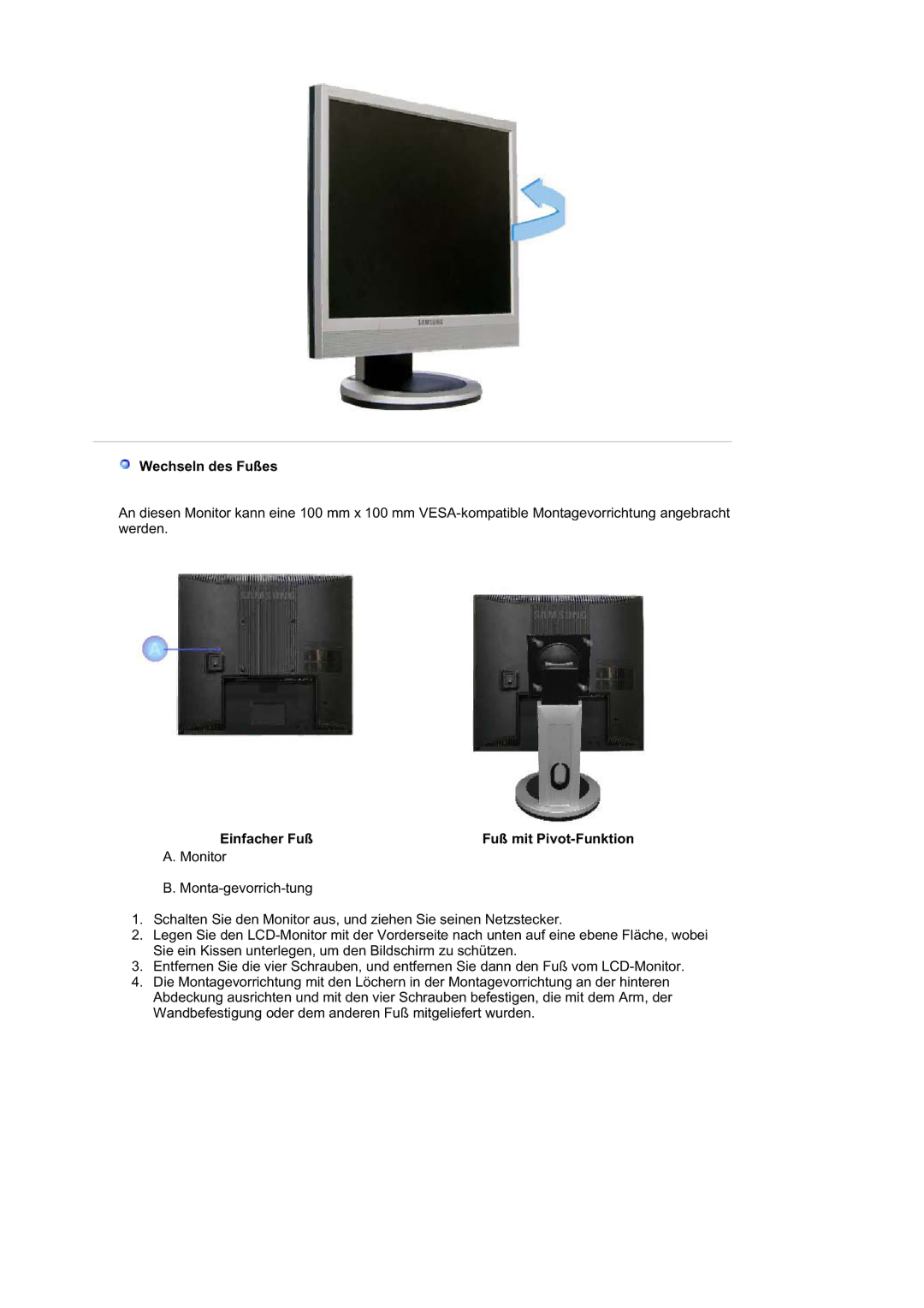 Samsung MJ17MSTSQ/EDC, LS17MJSTSE/EDC, LS19MJSTS7/EDC manual Wechseln des Fußes, Einfacher Fuß Fuß mit Pivot-Funktion 