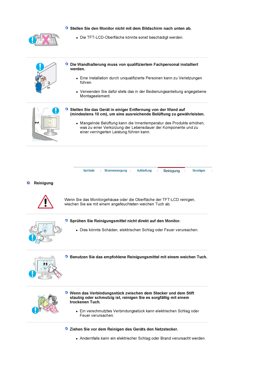 Samsung LS19MJSTSQ/EDC, LS17MJSTSE/EDC, LS19MJSTS7/EDC manual Sprühen Sie Reinigungsmittel nicht direkt auf den Monitor 