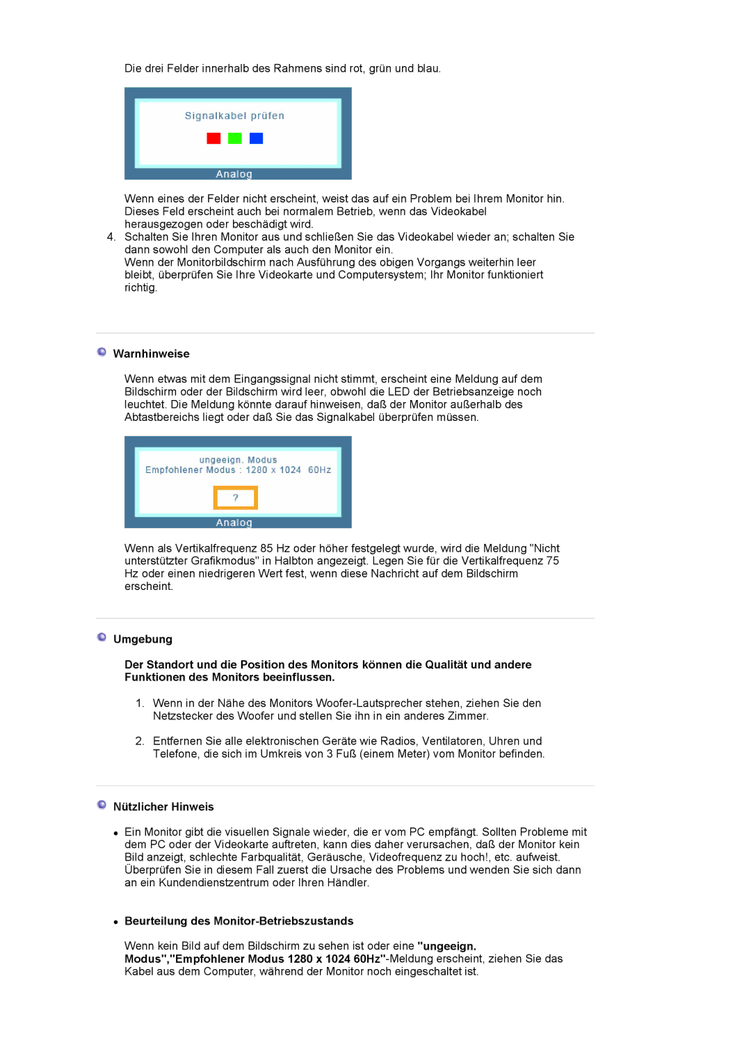 Samsung LS17MJSKS/EDC, LS17MJSTSE/EDC manual Warnhinweise, Nützlicher Hinweis, Beurteilung des Monitor-Betriebszustands 