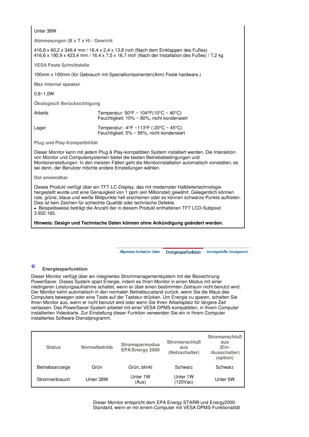 Samsung LS19MJSTSQ/EDC, LS17MJSTSE/EDC, LS19MJSTS7/EDC manual Abmessungen B x T x H / Gewicht, Unter 38W Unter 1W, Aus 