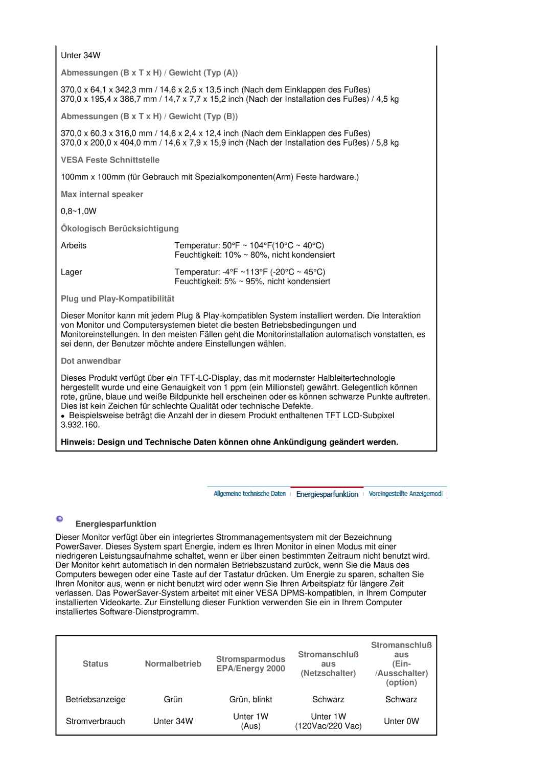 Samsung LS19MJSTS7/EDC, LS17MJSTSE/EDC manual Abmessungen B x T x H / Gewicht Typ a, Abmessungen B x T x H / Gewicht Typ B 