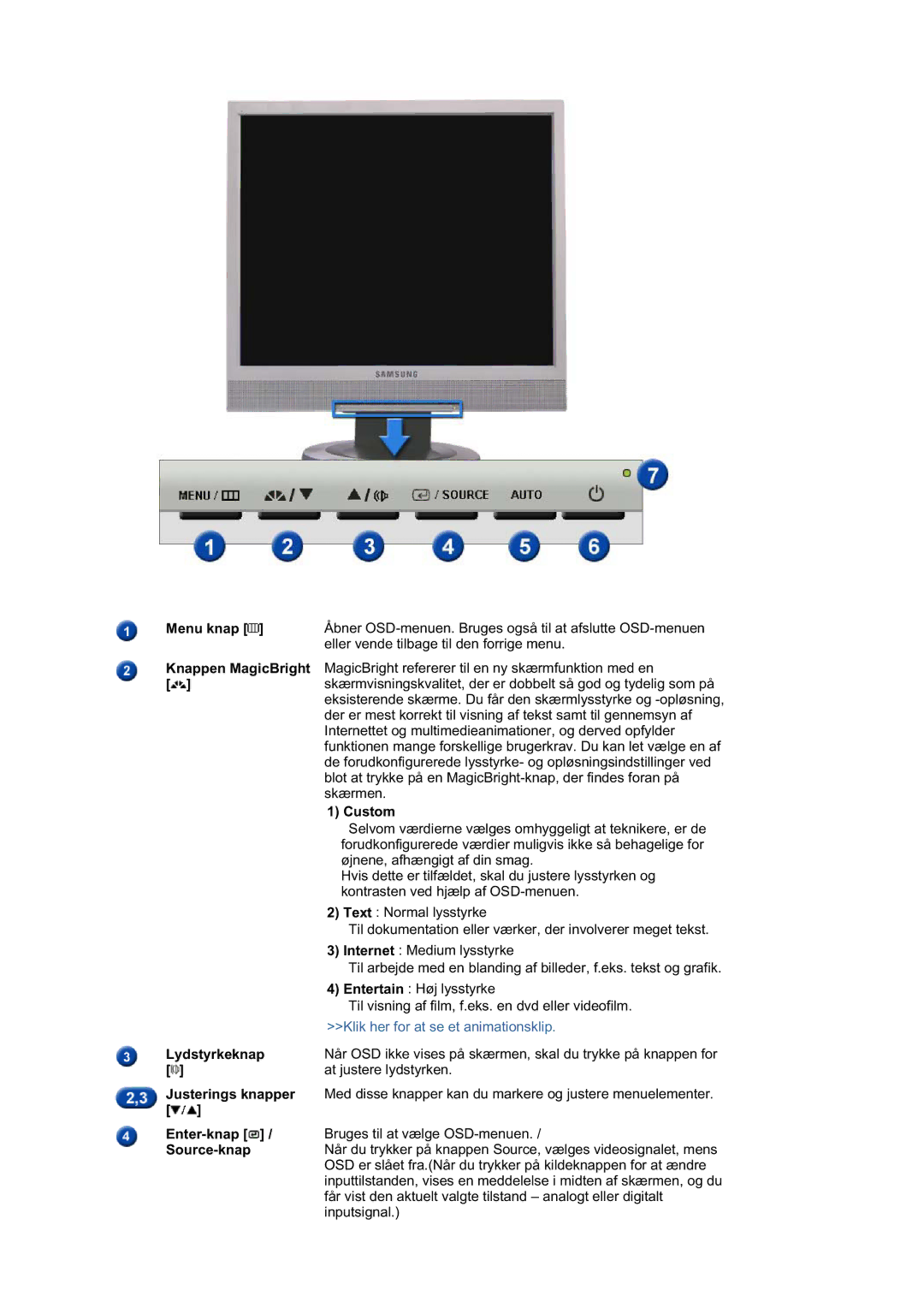 Samsung LS17MJSTSV/EDC manual Entertain Høj lysstyrke, Til visning af film, f.eks. en dvd eller videofilm, Lydstyrkeknap 